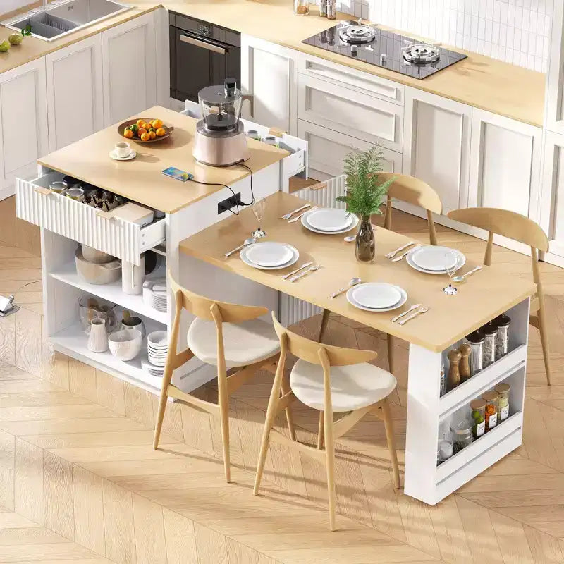 Fluted Kitchen Island with Extendable Table, Power Outlet & Double-Side Storage