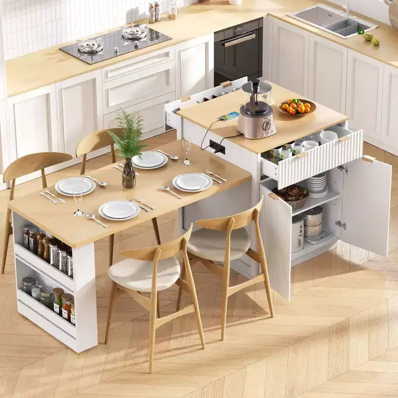 Fluted Kitchen Island with Extendable Table, Power Outlet & Double-Side Storage