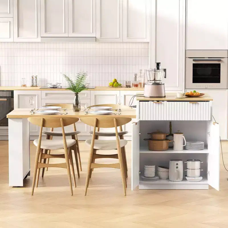 Fluted Kitchen Island with Extendable Table, Power Outlet & Double-Side Storage