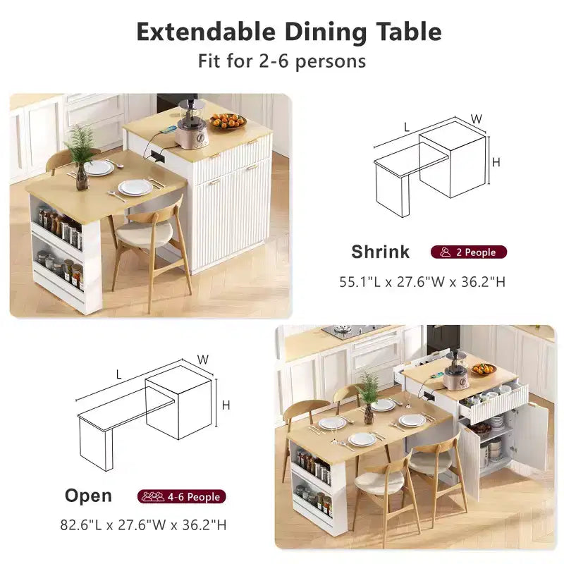 Fluted Kitchen Island with Extendable Table, Power Outlet & Double-Side Storage