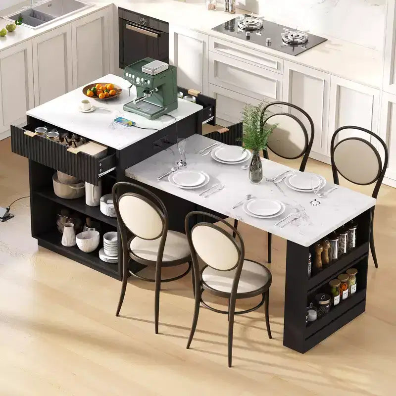 Fluted Kitchen Island with Extendable Table, Power Outlet & Double-Side Storage