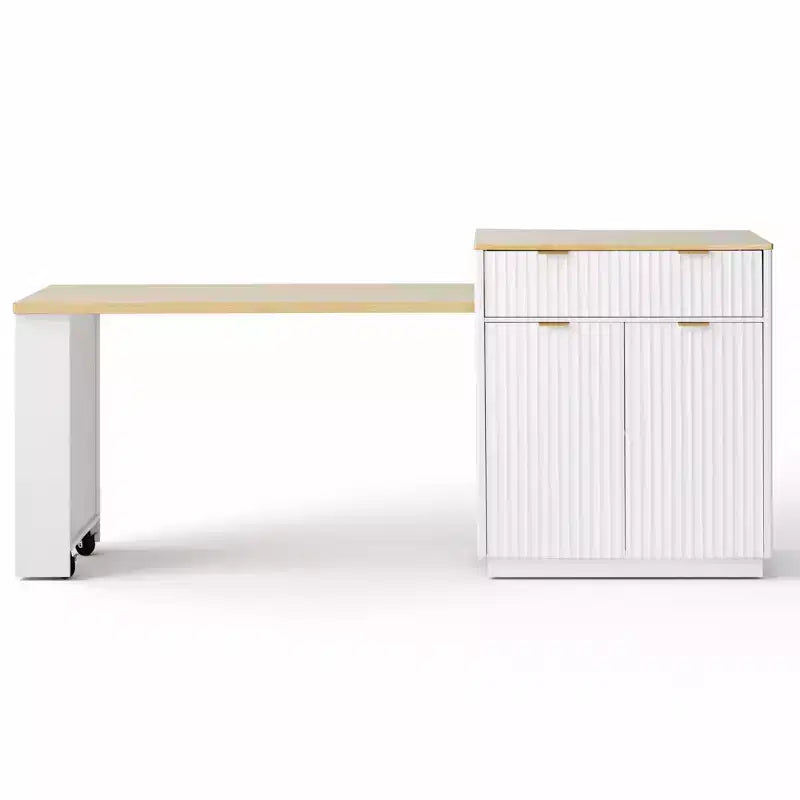 Fluted Kitchen Island with Extendable Table, Power Outlet & Double-Side Storage