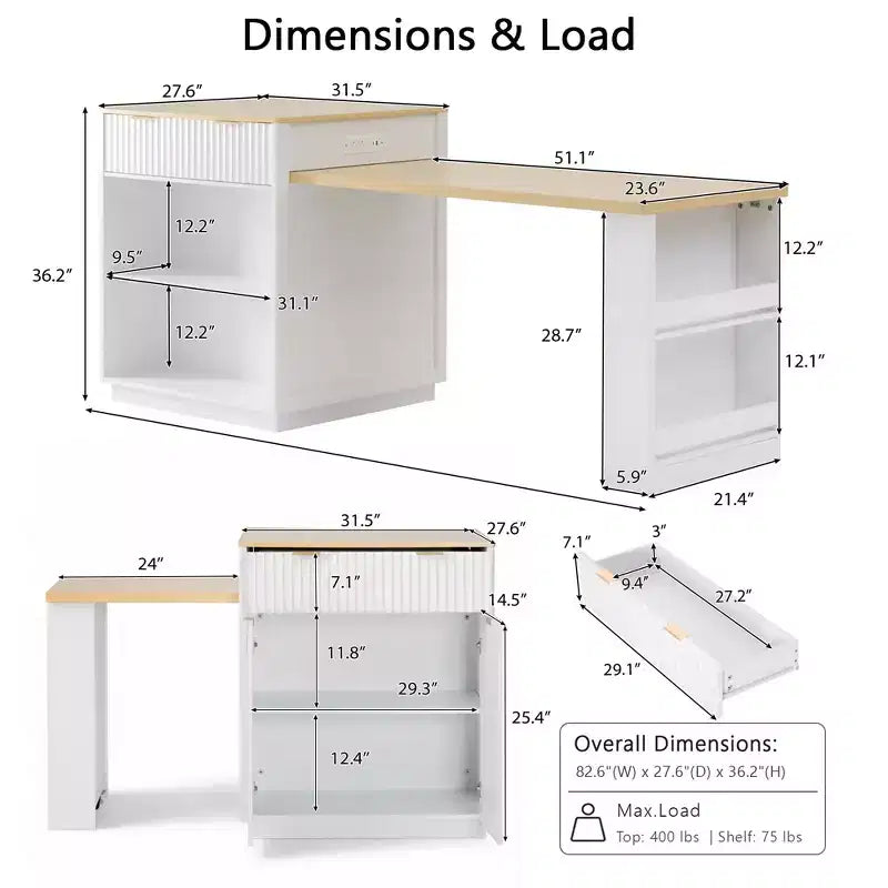Fluted Kitchen Island with Extendable Table, Power Outlet & Double-Side Storage