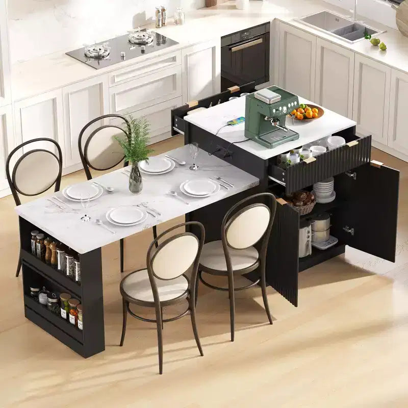 Fluted Kitchen Island with Extendable Table, Power Outlet & Double-Side Storage