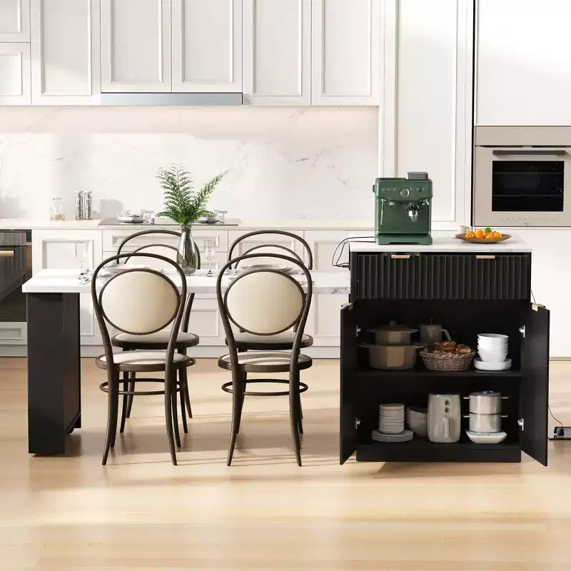 Fluted Kitchen Island with Extendable Table, Power Outlet & Double-Side Storage