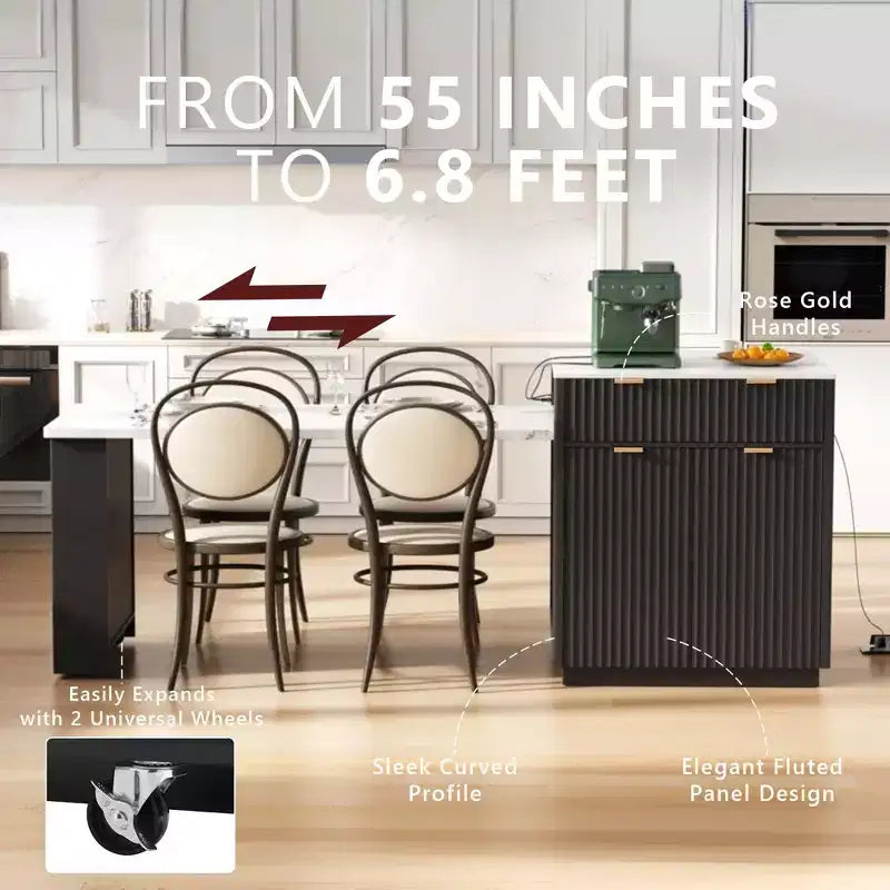 Fluted Kitchen Island with Extendable Table, Power Outlet & Double-Side Storage