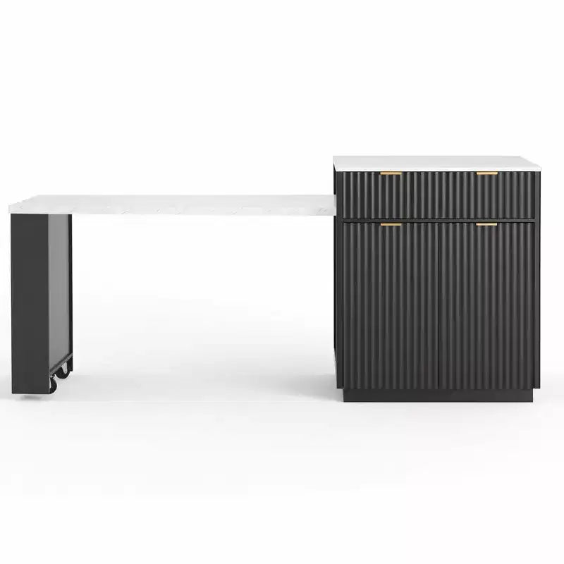 Fluted Kitchen Island with Extendable Table, Power Outlet & Double-Side Storage