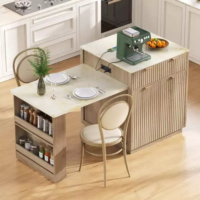 Fluted Kitchen Island with Extendable Table, Power Outlet & Double-Side Storage