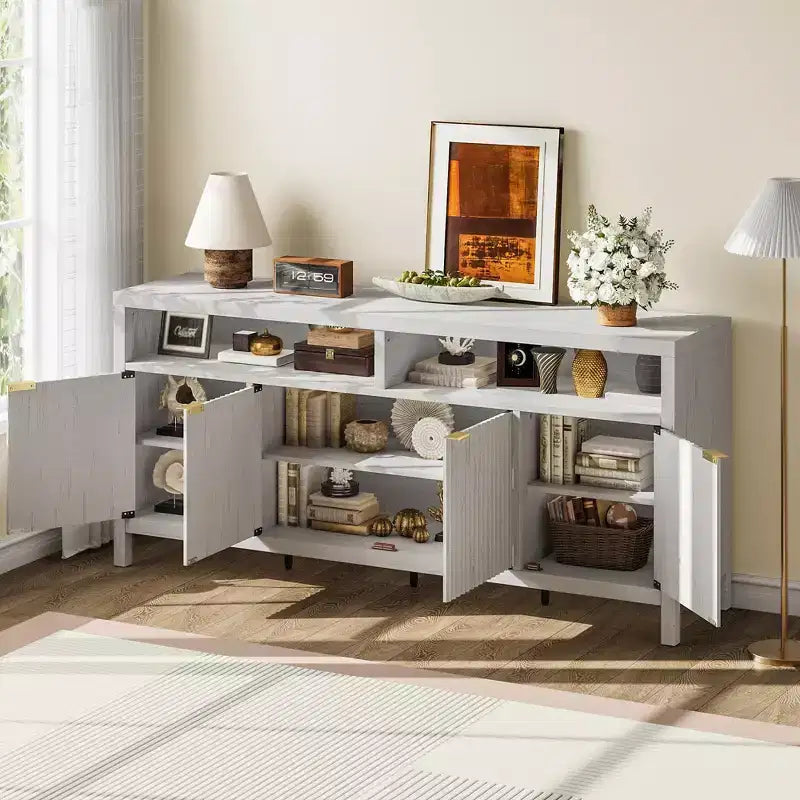 Four-door sideboard with grooved design Modern wood construction Ideal for dining rooms, living rooms, and entryways