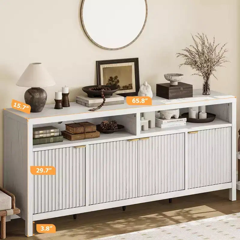Four-door sideboard with grooved design Modern wood construction Ideal for dining rooms, living rooms, and entryways