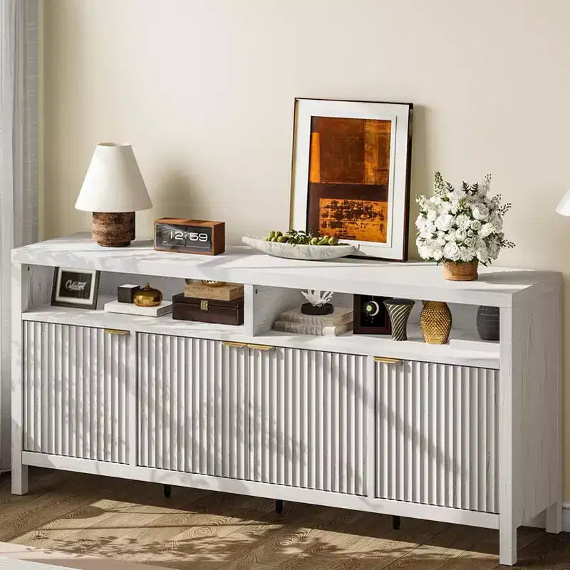 Four-door sideboard with grooved design Modern wood construction Ideal for dining rooms, living rooms, and entryways