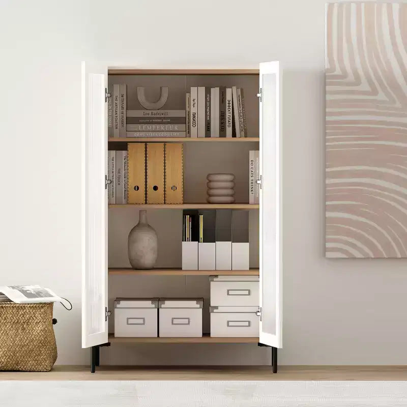 31.5" Modern Tempered Glass Door Storage Cabinet with Tray Top