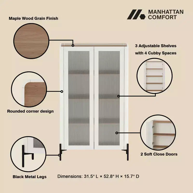 31.5" Modern Tempered Glass Door Storage Cabinet with Tray Top