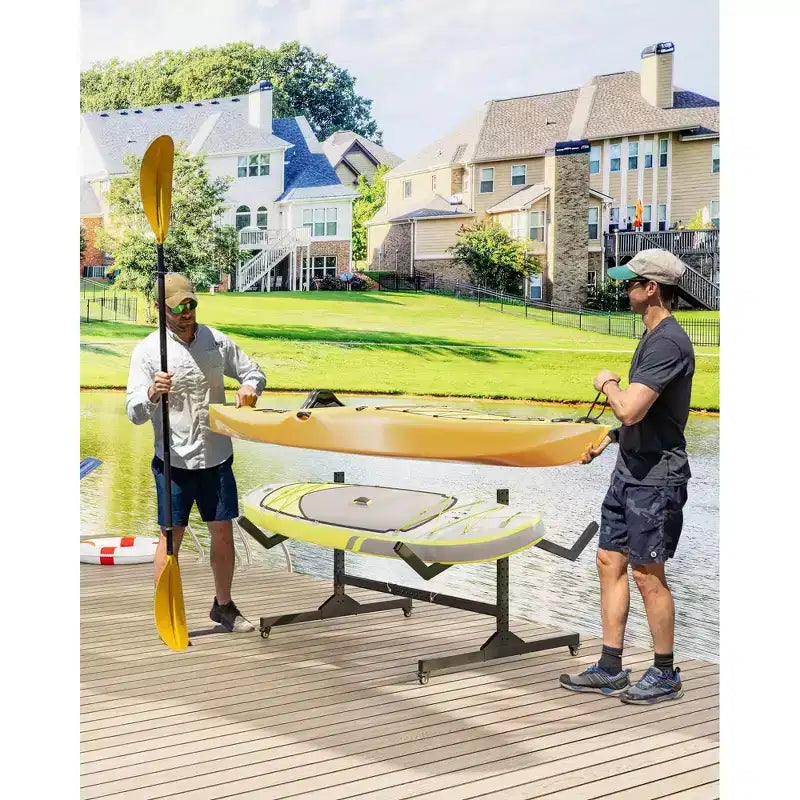 2-Kayak Freestanding Storage Rack - Adjustable SUP/Canoe Stand with Lockable Wheels, Grey