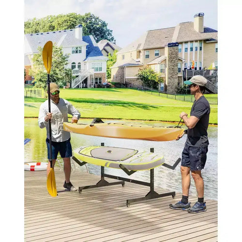 2-Kayak Freestanding Storage Rack - Adjustable SUP/Canoe Stand with Lockable Wheels, Grey