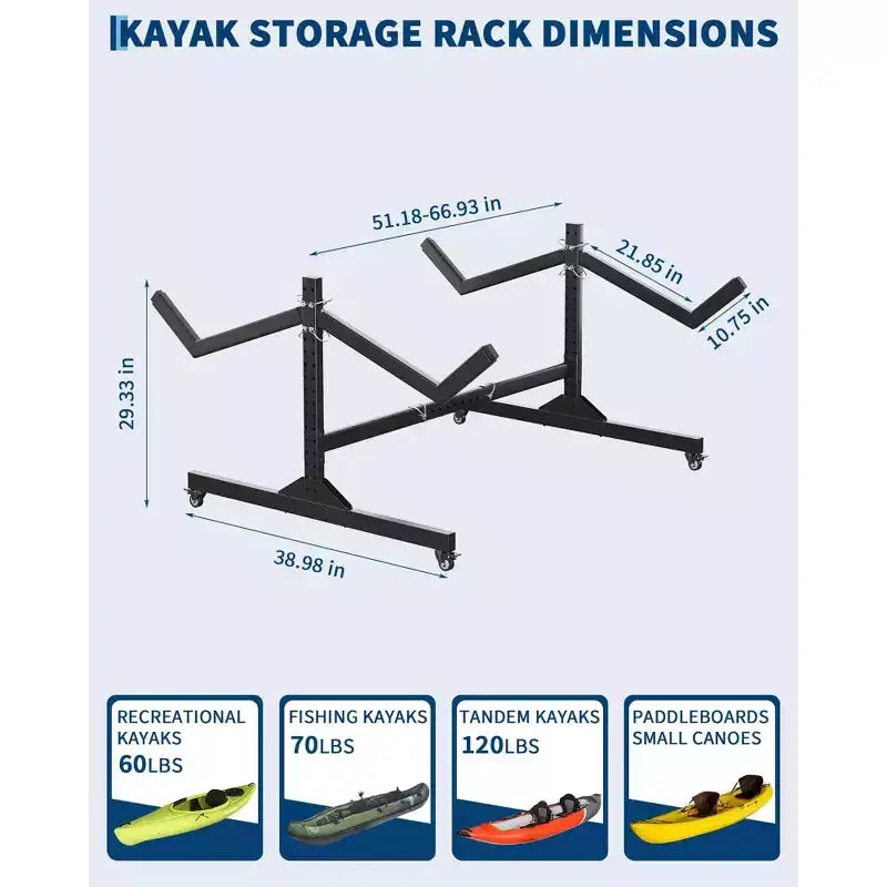 2-Kayak Freestanding Storage Rack - Adjustable SUP/Canoe Stand with Lockable Wheels, Grey