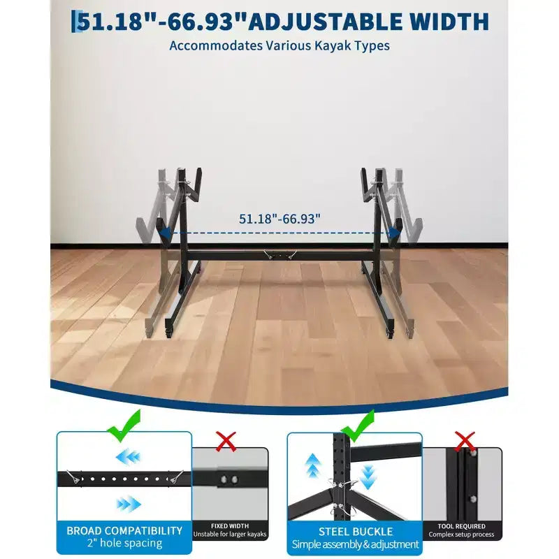 2-Kayak Freestanding Storage Rack - Adjustable SUP/Canoe Stand with Lockable Wheels, Grey