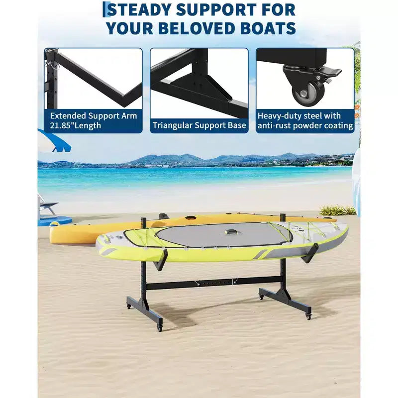 2-Kayak Freestanding Storage Rack - Adjustable SUP/Canoe Stand with Lockable Wheels, Grey