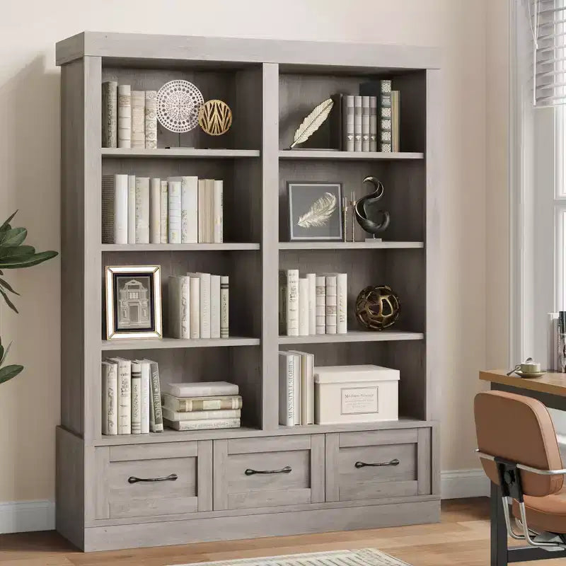 64" Tall Bookshelf with 4-Tier Double Wide Open Shelves & 3 Storage Drawers