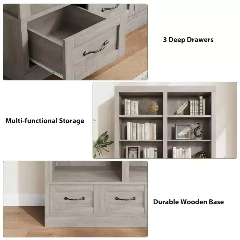 64" Tall Bookshelf with 4-Tier Double Wide Open Shelves & 3 Storage Drawers