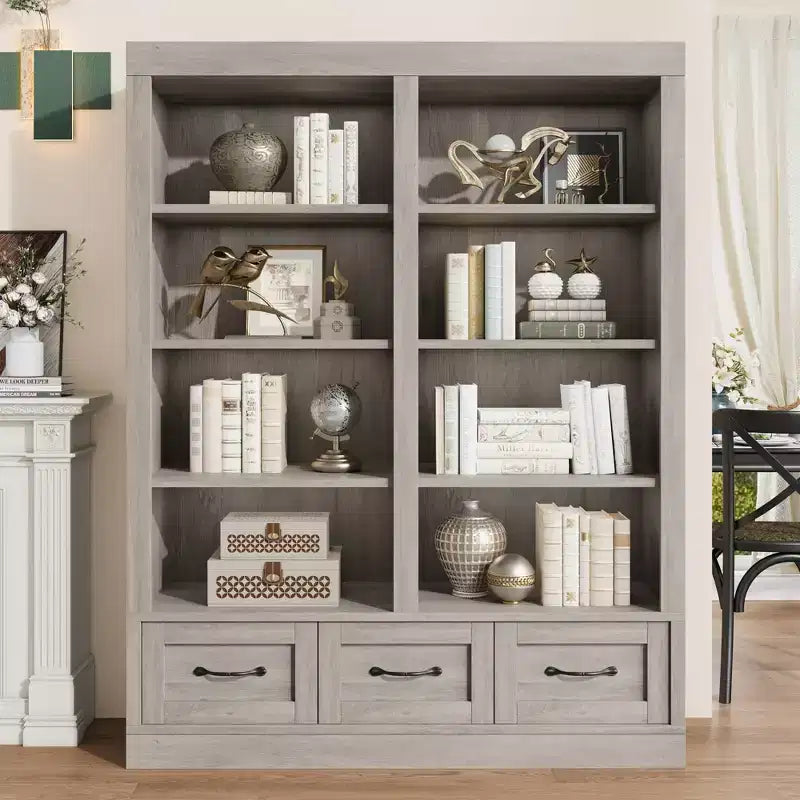 64" Tall Bookshelf with 4-Tier Double Wide Open Shelves & 3 Storage Drawers