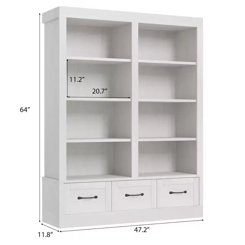64" Tall Bookshelf with 4-Tier Double Wide Open Shelves & 3 Storage Drawers