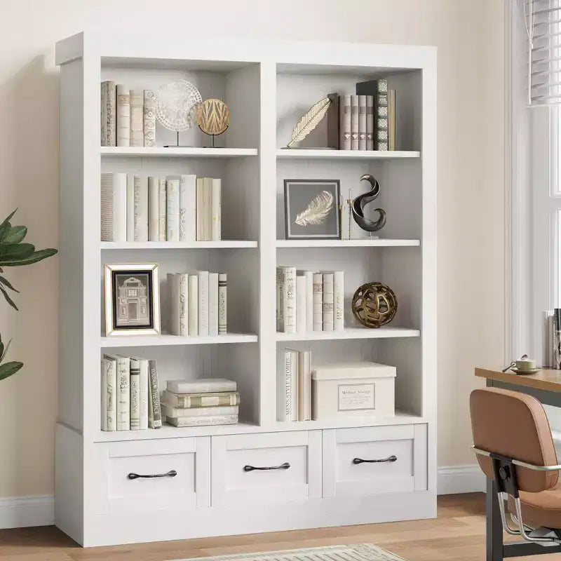 64" Tall Bookshelf with 4-Tier Double Wide Open Shelves & 3 Storage Drawers