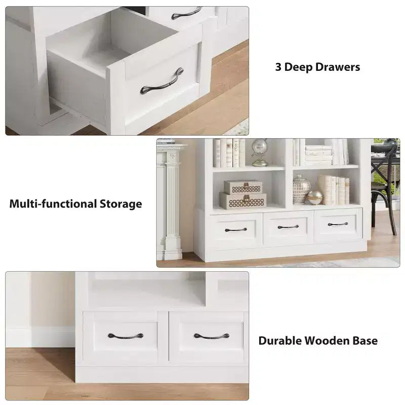 64" Tall Bookshelf with 4-Tier Double Wide Open Shelves & 3 Storage Drawers