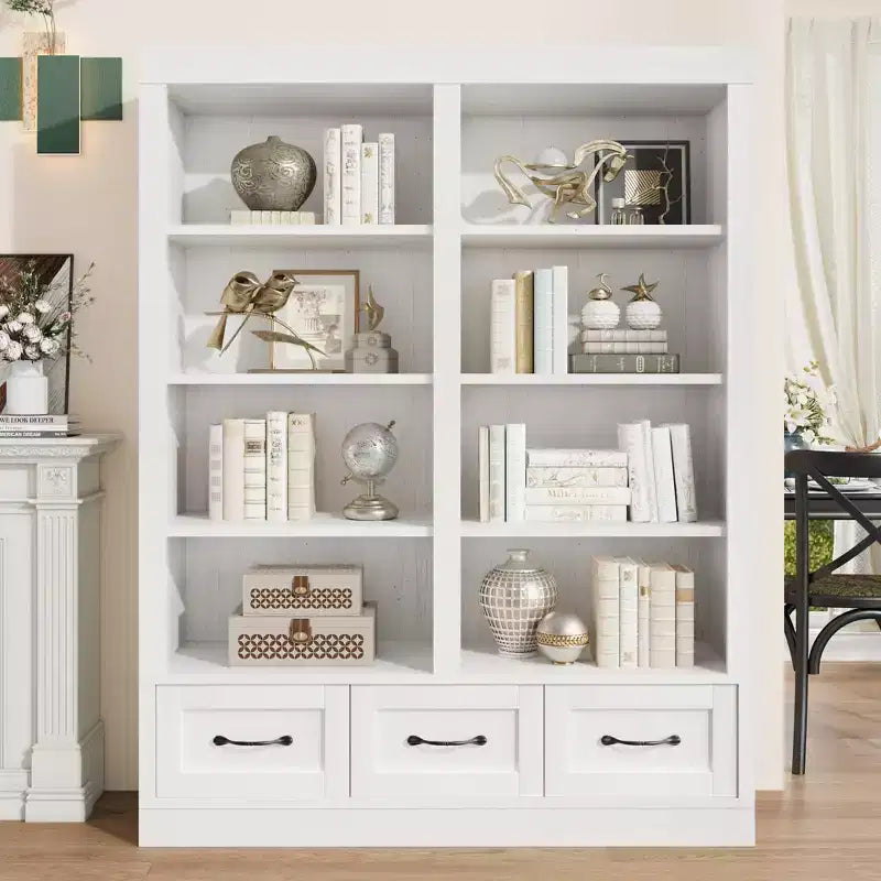 64" Tall Bookshelf with 4-Tier Double Wide Open Shelves & 3 Storage Drawers