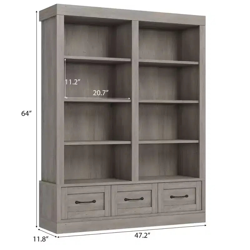 64" Tall Bookshelf with 4-Tier Double Wide Open Shelves & 3 Storage Drawers
