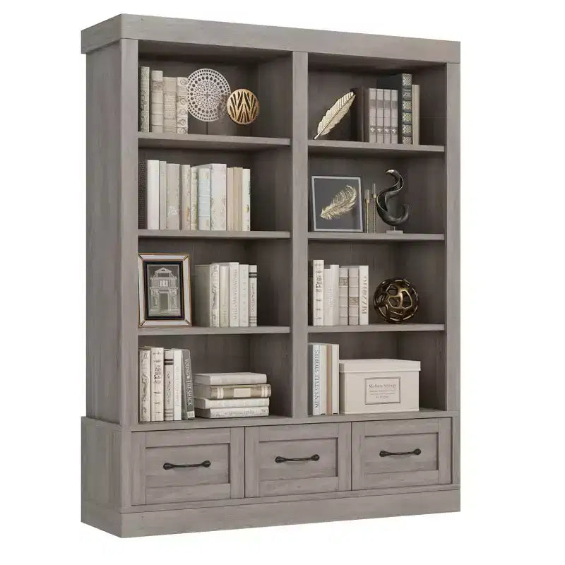 64" Tall Bookshelf with 4-Tier Double Wide Open Shelves & 3 Storage Drawers