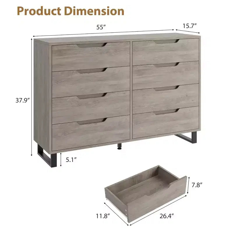 8-Drawer Dresser for Bedroom, 55" Wide Freestanding Horizontal Chest of Drawers