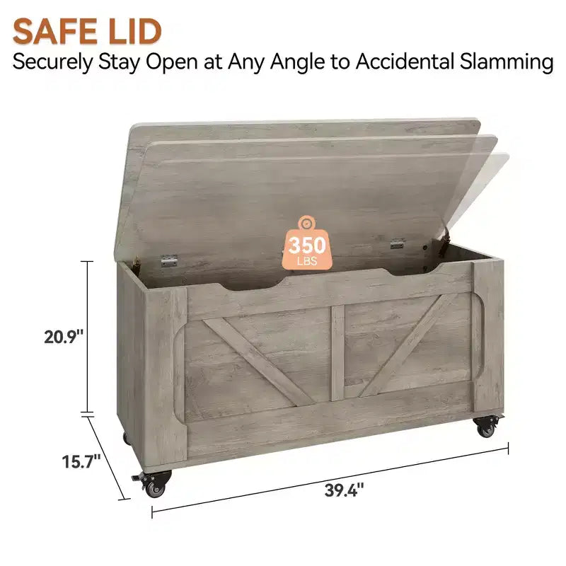 39" Storage Chest with Wheels - Modern Wood Storage Bench, 350 lbs, Grey