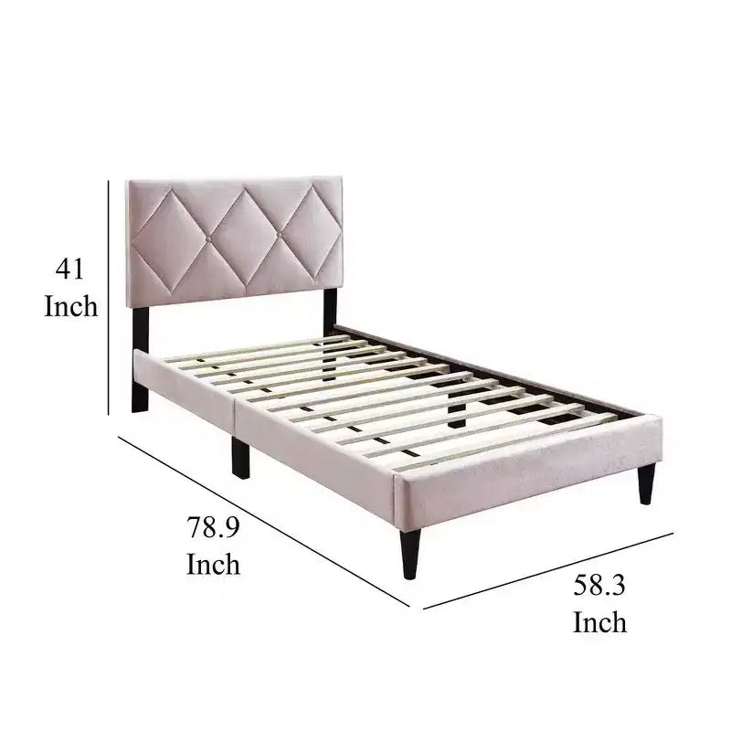 Full Bed with Tufted Light Pink Velvet Upholstery & Diamond Stitch Headboard