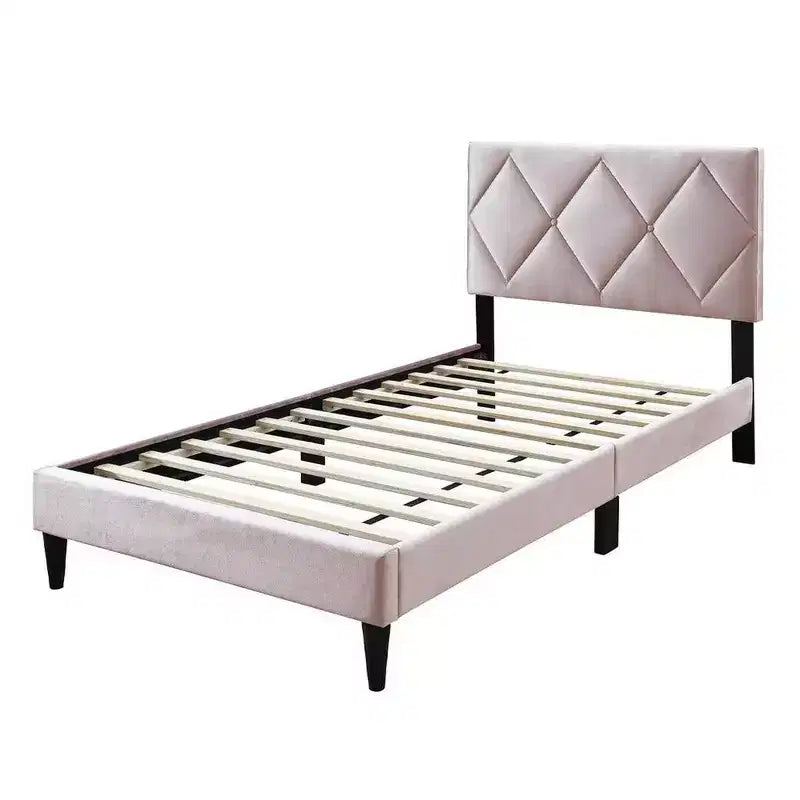Twin Bed with Tufted Light Pink Velvet Upholstery & Diamond Stitch Headboard