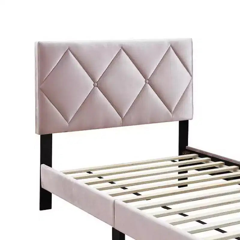 Twin Bed with Tufted Light Pink Velvet Upholstery & Diamond Stitch Headboard