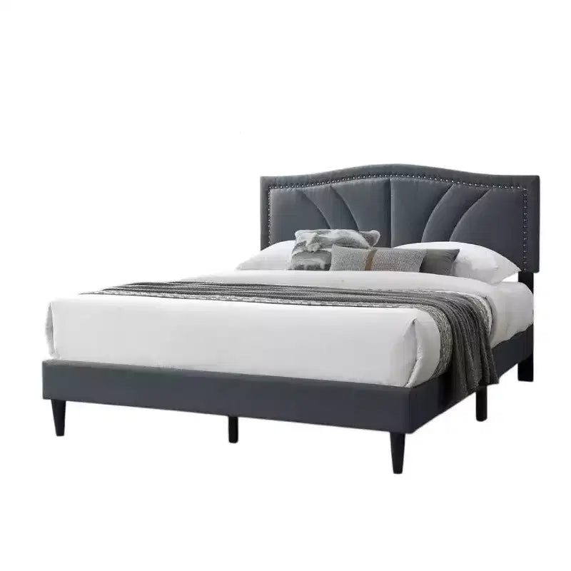 Queen Size Bed with Charcoal Gray Burlap Upholstered Curved Headboard & Nailhead Border