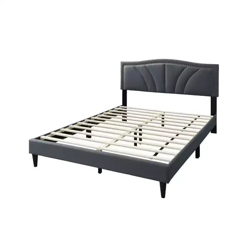 Queen Size Bed with Charcoal Gray Burlap Upholstered Curved Headboard & Nailhead Border