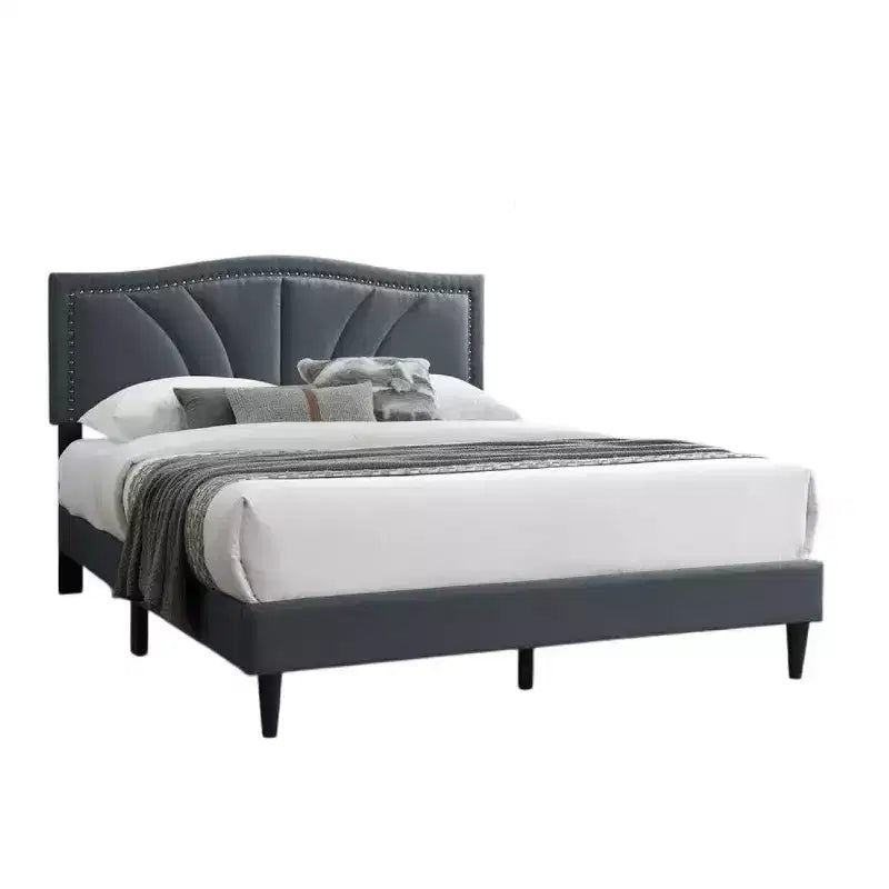 Queen Size Bed with Charcoal Gray Burlap Upholstered Curved Headboard & Nailhead Border