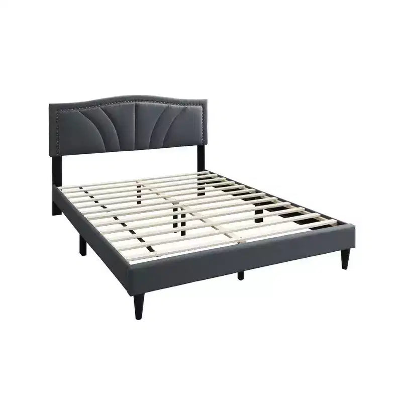 Queen Size Bed with Charcoal Gray Burlap Upholstered Curved Headboard & Nailhead Border