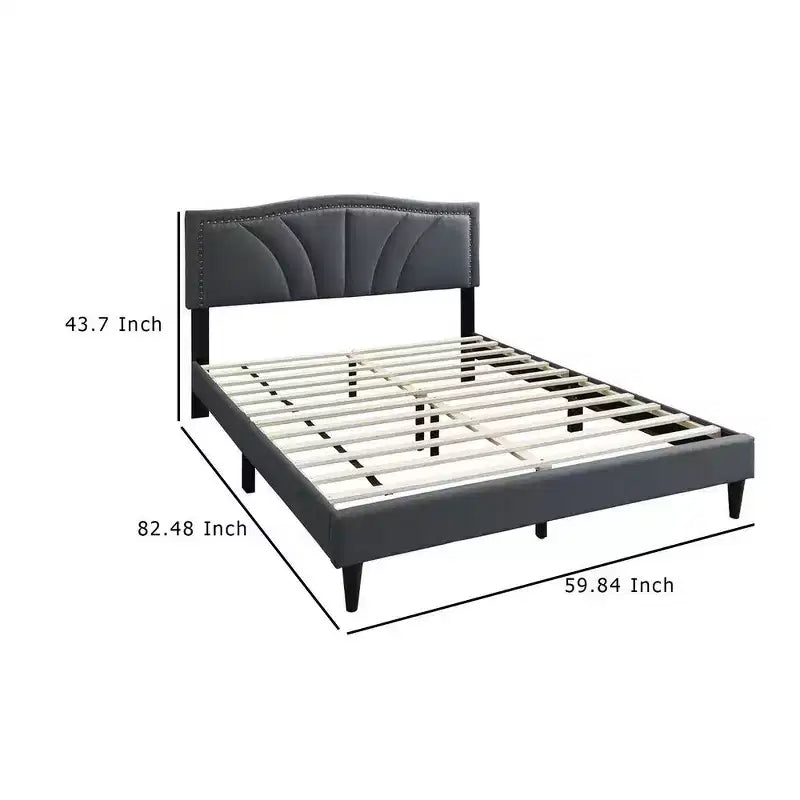 Queen Size Bed with Charcoal Gray Burlap Upholstered Curved Headboard & Nailhead Border