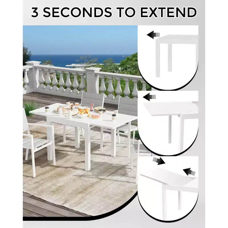 Aluminum Wood Grain Extendable Outdoor Dining Table - Rectangular, Rust-Resistant, Seats 6