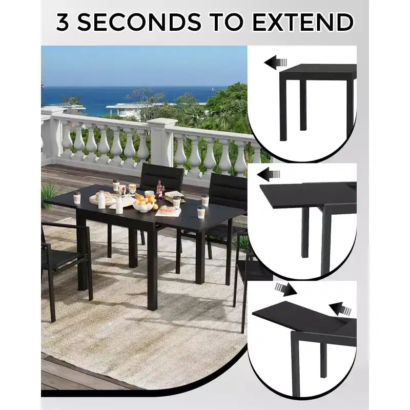 Aluminum Wood Grain Extendable Outdoor Dining Table - Rectangular, Rust-Resistant, Seats 6