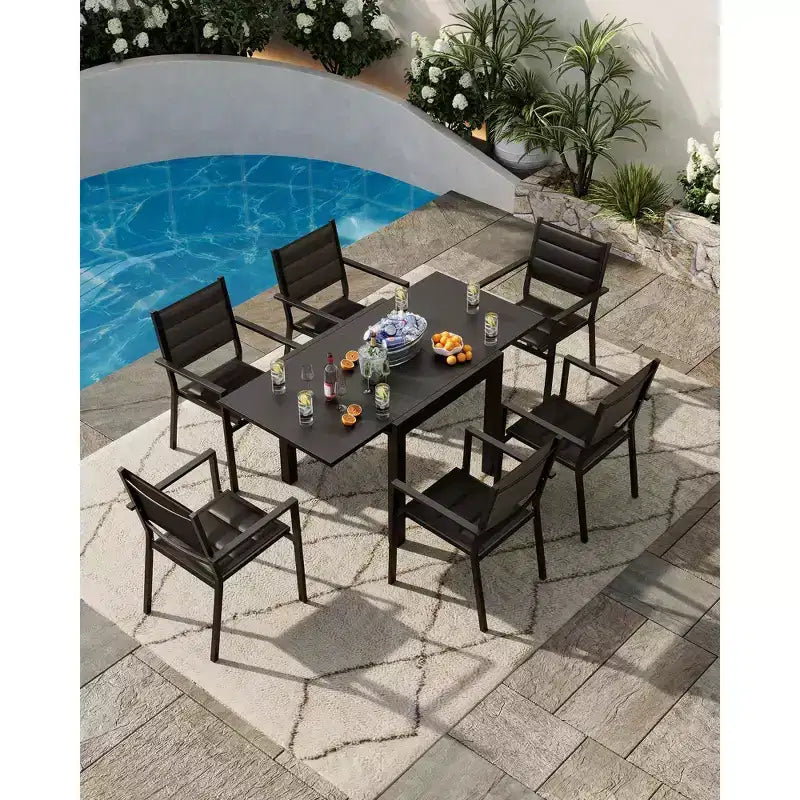 Aluminum Wood Grain Extendable Outdoor Dining Table - Rectangular, Rust-Resistant, Seats 6