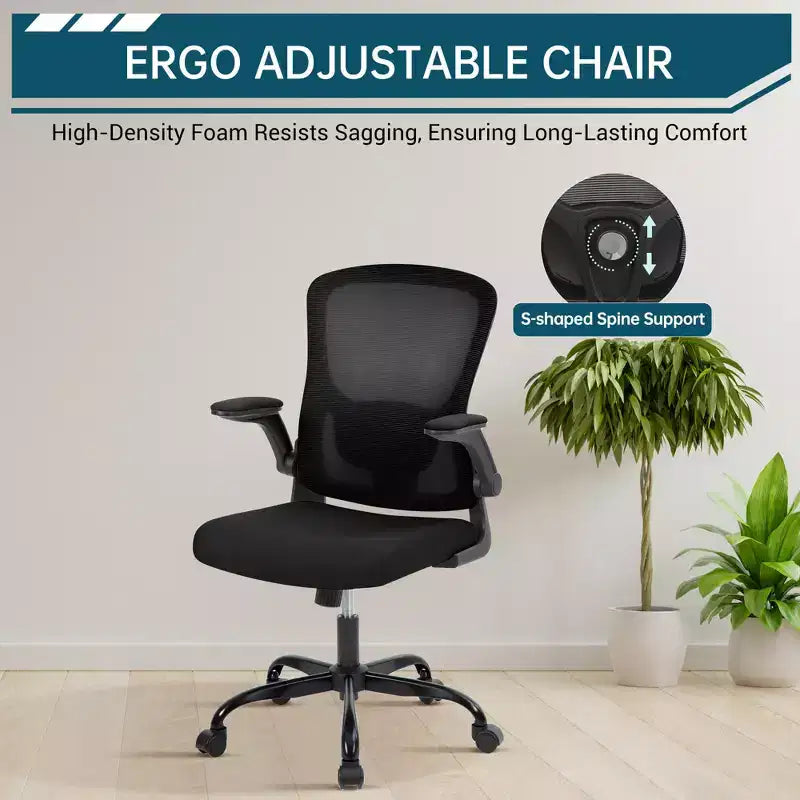 Ergonomic Office Chair, Swivel Rolling Computer Desk Chair, Rolling Mesh Chair, Flip-Up Armrest, for Home Office, Study, Bedroom