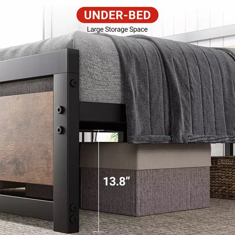 Metal platform queen bed frame with wooden headboard and footboard, non-slip and durable, with ample under-bed storage, no box spring required.