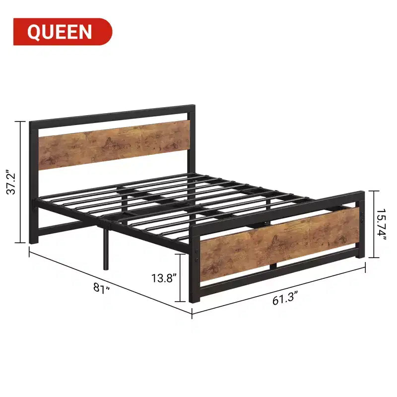 Metal platform queen bed frame with wooden headboard and footboard, non-slip and durable, with ample under-bed storage, no box spring required.