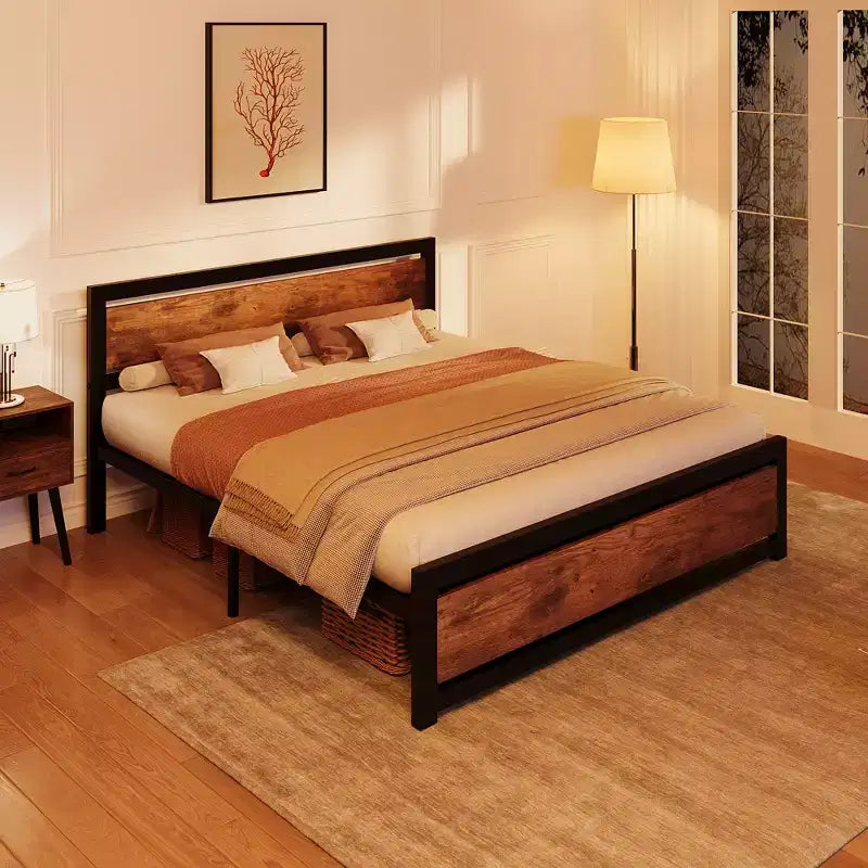 Metal platform queen bed frame with wooden headboard and footboard, non-slip and durable, with ample under-bed storage, no box spring required.
