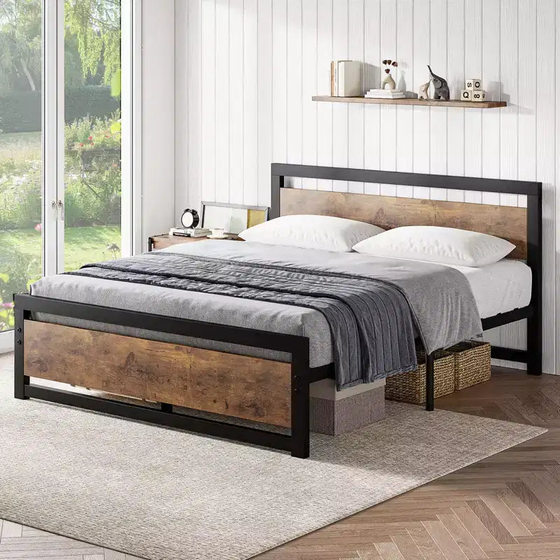 Metal platform queen bed frame with wooden headboard and footboard, non-slip and durable, with ample under-bed storage, no box spring required.