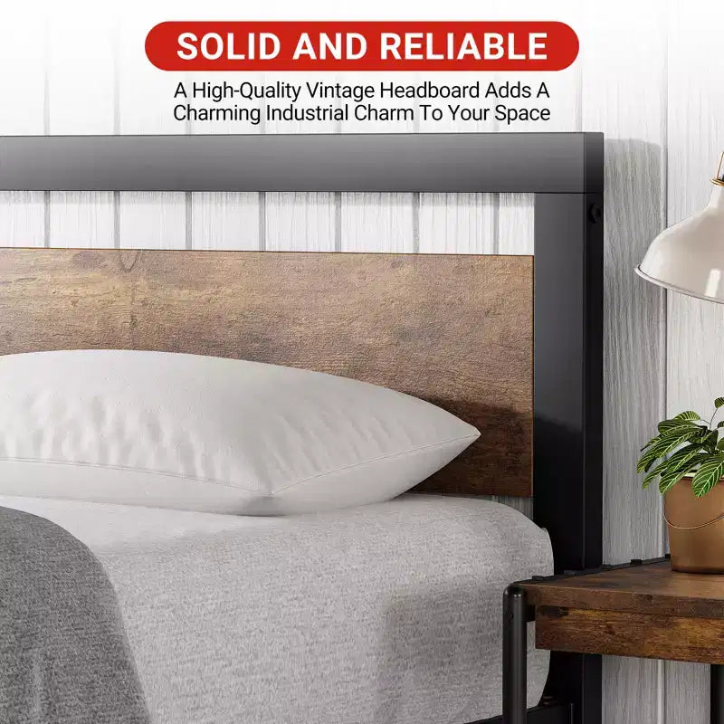Metal platform queen bed frame with wooden headboard and footboard, non-slip and durable, with ample under-bed storage, no box spring required.